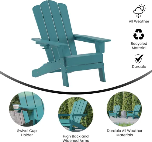 Miniatura 4 de Flash Furniture Newport Adirondack - Silla Adirondack con soporte para tazas, silla Adirondack de poliresina resistente a la intemperie, color azul