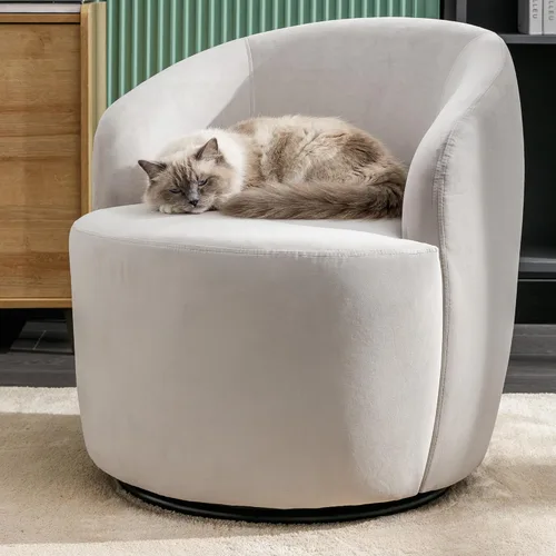 Miniatura 26 de FOXHUNTER Silla giratoria de barril, sillón individual pequeño de 360°, cómodo sofá redondo, sillas de botón acolchadas, modernas sillas de acento