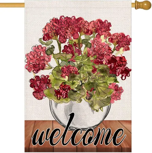 Miniatura 13 de Bandera de geranio para casa de primavera y verano, arpillera de doble cara, abejas florales rojas con cita para el hogar, bandera decorativa
