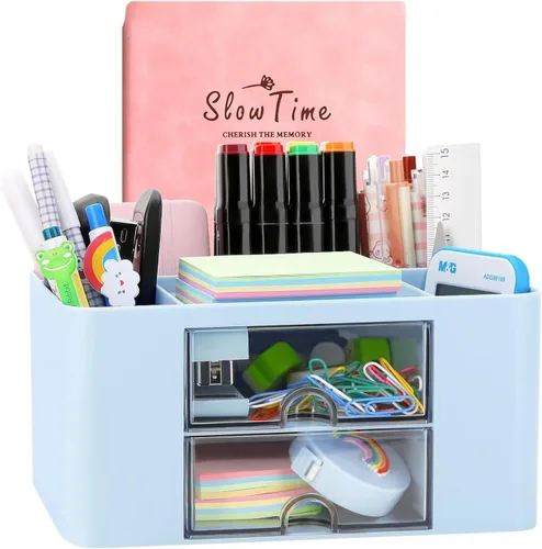 Organizador de escritorio creativo y simple, 7 rejillas, organizador de mesa de plástico con cajón, organizador de escritorio multifuncional, Azul