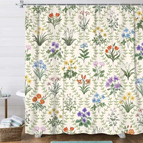 JAWO Cortina de ducha beige con flores silvestres, cortina de ducha vintage botánica Cottagecore floral, cortinas de baño bohemias con flores,