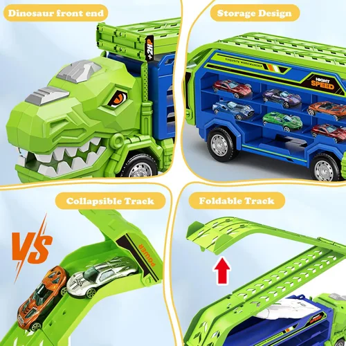 Miniatura 4 de Juguetes de camiones de dinosaurio para niños de 3, 4, 5, 6, 7, 8 años, juguetes de pista de carreras de camiones transportadores, juguete de coche