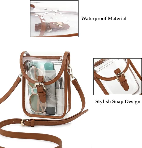 Miniatura 4 de FAIME Pequeña bolsa transparente aprobada para estadios, bolsa cruzada transparente para teléfono celular con correa ajustable para conciertos Marrón