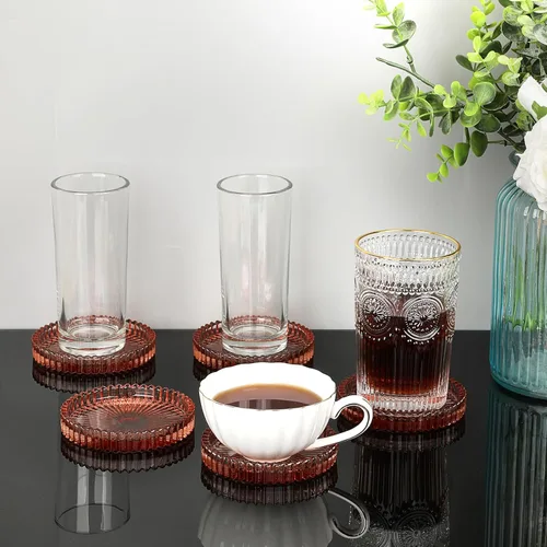 Miniatura 6 de JUXYES Juego de 5 posavasos de cristal tono ámbar redondos, tapetes para tazas de vidrio para bebidas, café, té, vino, posavasos decorativos