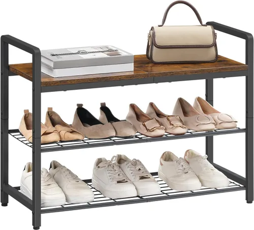 HOOBRO Banco de zapatos para entrada, organizador industrial de almacenamiento de zapatos de 3 niveles con asas superiores y laterales de madera,