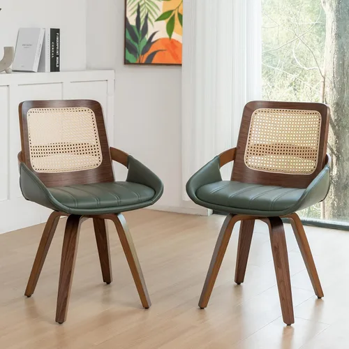 Juego de 2 sillas de comedor de ratán verde, sillas de comedor modernas de mediados de siglo con marco de madera curvada de nogal, respaldo Nogal