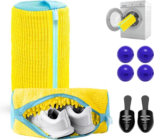 Miniatura 8 de 2 bolsas para lavadora de zapatos con un par de árbol de zapatos y 4 bolas desodorantes, bolsa de lavado de zapatos reutilizable con cremallera Azul