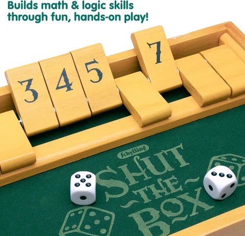 Miniatura 3 de Schylling Shut the Box - Juego familiar de estrategia y azar - Incluye caja de juego de madera coleccionable, fondo de fieltro, dados redondeados e