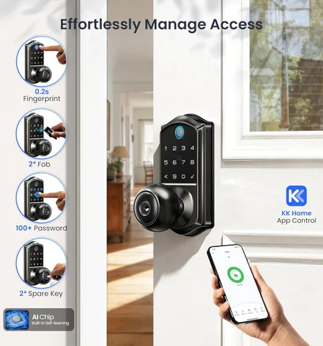 Miniatura 2 de Veise VE018 - Cerradura de manija inteligente de perilla, huella digital, control de aplicación, entrada sin llave para puerta delantera y Negro