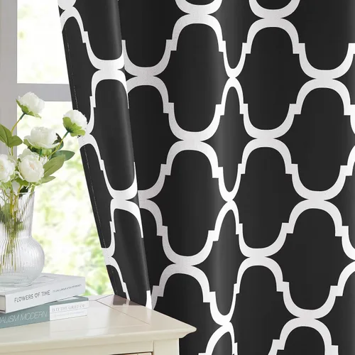 Miniatura 8 de Melodieux Cortinas opacas con ojales para oscurecer la habitación con estampado marroquí para ventanas pequeñas, 42 x 45 pulgadas, color negro