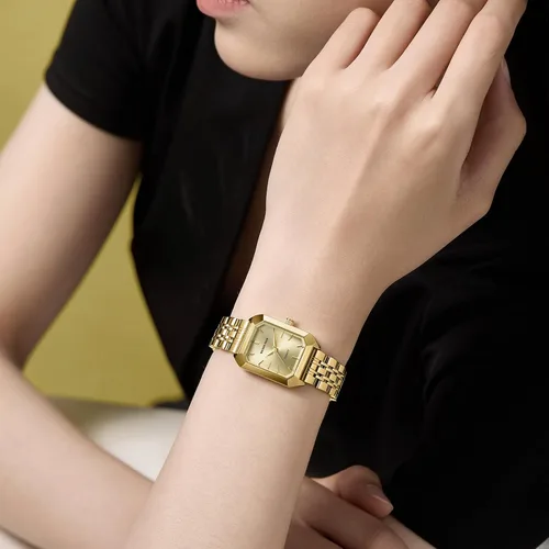 Miniatura 6 de GOLDEN HOUR Reloj rectangular de cuarzo para mujer, correa de acero inoxidable en tono dorado