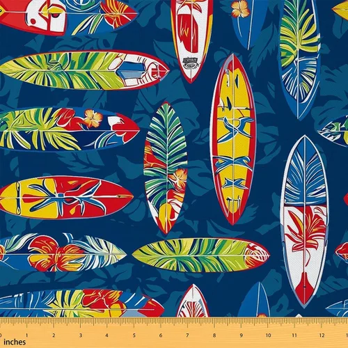Tela de surf por el patio, tela de tapicería de surf oceánico, tela decorativa de tabla de surf bohemia, tela de palmera hawaiana para exteriores,
