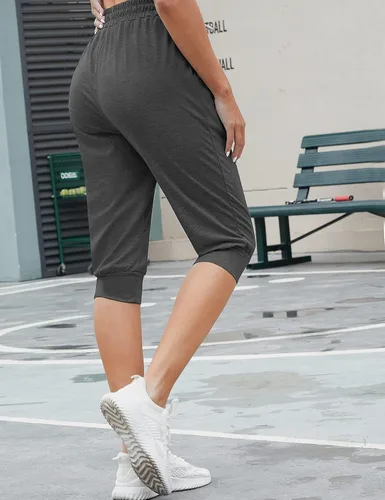 Miniatura 5 de Syhood Paquete de 2 pantalones deportivos capri para mujer, con cordón, pantalones capri casuales recortados con bolsillos