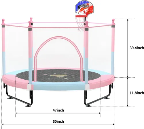 Miniatura 4 de Trampolín de 5 pies para niños pequeños con red de seguridad, mini aro de baloncesto, tapete de salto para equipo de entretenimiento en el hogar