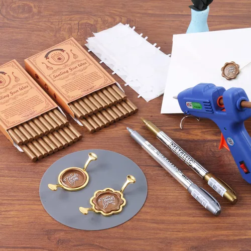 Miniatura 2 de Juego de sellos de cera, 40 varillas de cera de sellado de bronce con pistola de pegamento, moldes de sellado de cera, alfombrilla de silicona