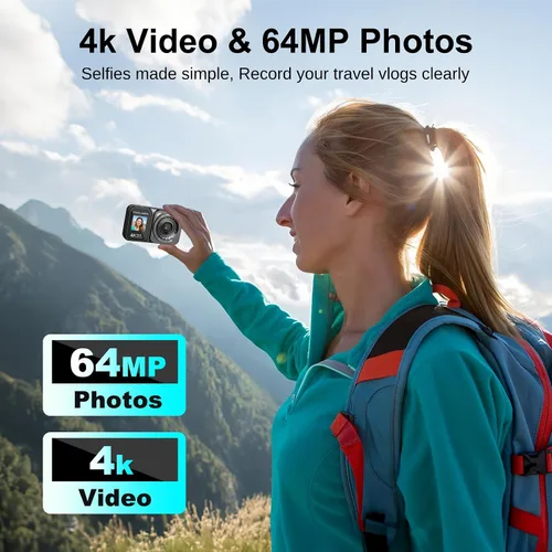 Miniatura 2 de QUOLODOO Cámara digital, cámara de pantalla dual 4K 64MP, zoom de 18X, cámara digital de apuntar y disparar con tarjeta TF de 64 GB y 2