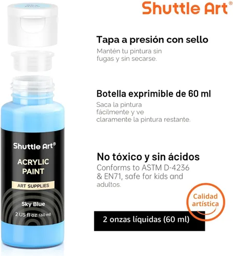 Miniatura 4 de 54 Colores Pintura Acrílica, Juego de Pintura Acrílica Shuttle Art con 12 Pinceles, Botellas de 2 oz/60 ml, Pinturas Ricas en Pigmentos, Resistente