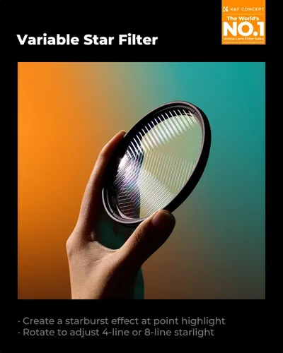 Miniatura 2 de K&F CONCEPT 82mm Filtro Variable de Estrellas Cruzado Filtro de Estrellas de 4, 8 Puntos -18 Capas de Recubrimiento Ultra Delgado de Vidrio Óptico