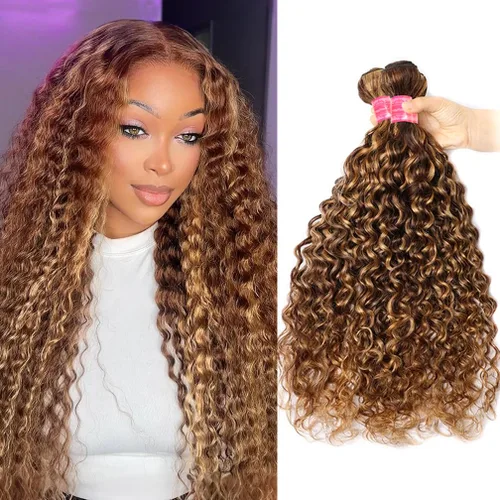 Miniatura 8 de Borchan Paquetes de Cabello Humano Ondulado Water Wave 4/27, Paquetes Rubios con Mechas, Cabello Virgen Brasileño de 14 16 18 Pulgadas, Trama