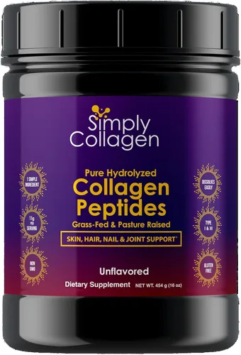 Simply Collagen® Péptidos de colágeno hidrolizados en polvo alimentados con pasto, sin sabor, tipo I y III para apoyar el cabello, la piel, las