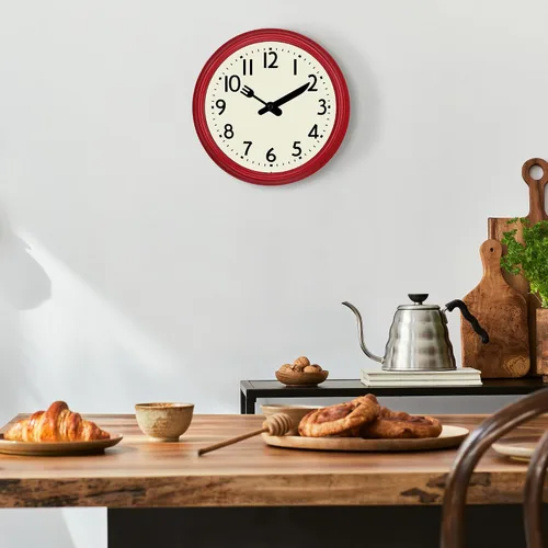 Miniatura 2 de Lafocuse Reloj de pared retro silencioso de cocina con agujas de cuchillo y tenedor, reloj de pared rojo vintage pequeño de 9.5 pulgadas, funciona