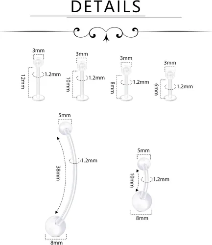 Miniatura 3 de D.Bella Kit de Retenedores de Piercing Transparentes Estilo Mix, Retenedores de Piercing Flexibles para Labios, Nariz, Cejas, Pezones, Lengua
