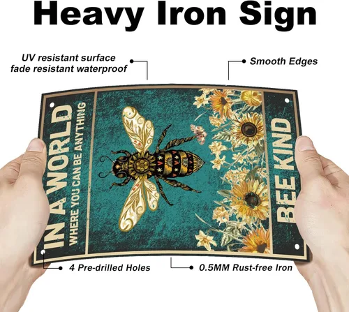 Miniatura 3 de SUPERDANT Letreros de lata de flor de abeja, divertidas citas inspiradoras con texto en inglés «Be Kind», póster de metal con girasoles vintage