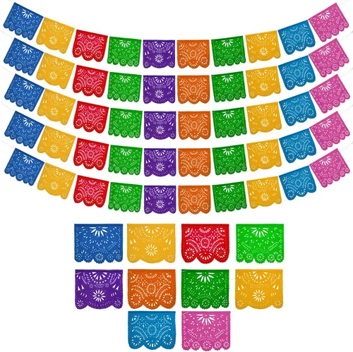 Miniatura 10 de Pancartas de fiesta mexicana (paquete de 2 con 10 banderas de plástico por bandera), papel picado mexicano para fiesta, papel picado de plástico