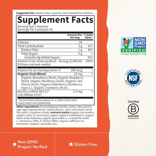Miniatura 3 de Gomitas Garden of Life Vitamin Code D3 y K2 con prebióticos y probióticos, salud ósea, salud inmunológica y apoyo digestivo, cero azúcar, sin OMG