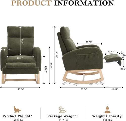 Miniatura 2 de Mecedora de lactancia de 40 pulgadas, sillas de guardería con reposapiés ajustable, respaldo alto, sillón tapizado con bolsillos laterales, mecedora
