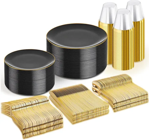Miniatura 19 de WDF - 150 piezas de platos de plástico negros - Platos desechables negros y dorados - Juegos de vajilla desechables para 25 invitados