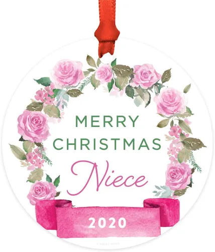 Miniatura 20 de Andaz Press Adorno de Navidad de madera grabado con láser para aniversario de boda, 1 año juntos, Navidad 2025, pancarta de flores rosas, 1 paquete