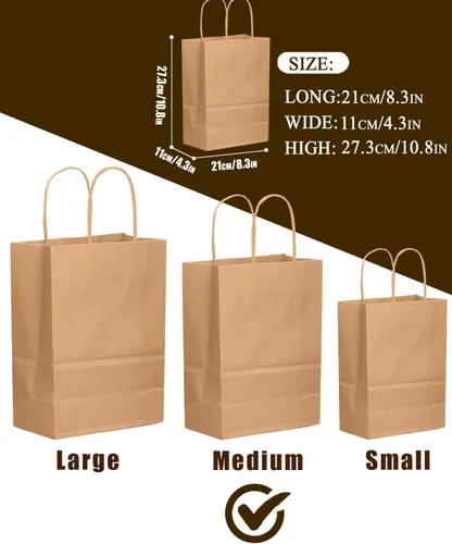 Miniatura 4 de qiqee 100 bolsas de regalo de papel de tamaño mediano con asas a granel de 7.6 x 4.75 x 10.5 pulgadas, bolsas de regalo marrones para múltiples usos