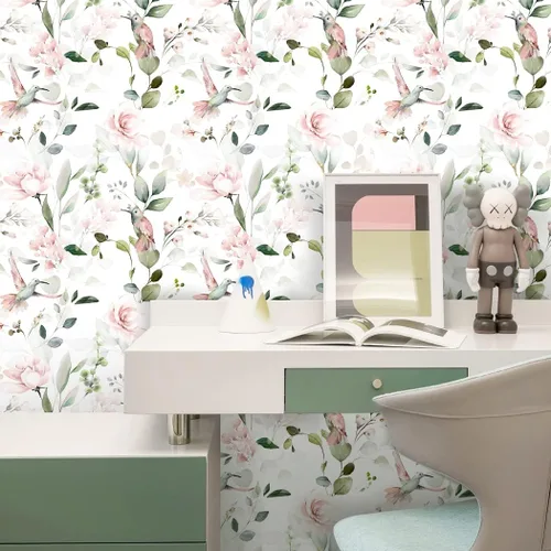 Miniatura 4 de Papel tapiz autoadhesivo vintage con peonía rosa, diseño de flores, pájaros, papel tapiz extraíble, para cubrir la pared, cajón de estante de 17.7