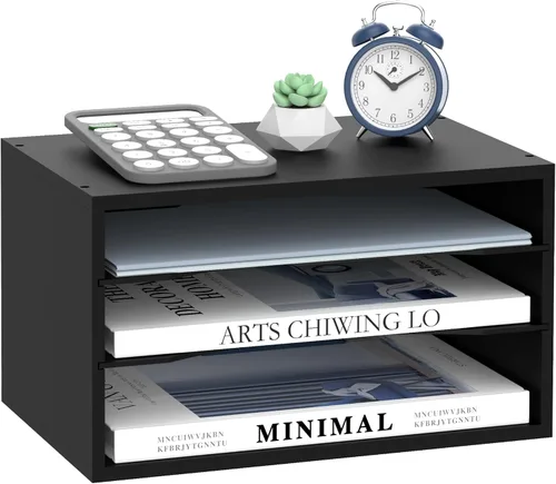 SUPEASY Organizador de escritorio de madera, organizador de archivos de papel de 3 niveles para oficina, escuela y hogar, color negro