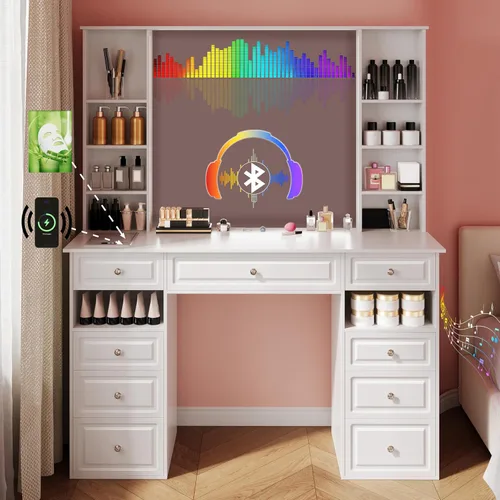 Escritorio de tocador con espejo y luces, escritorio de maquillaje con caja de máscara facial, tocador con altavoz Bluetooth, juego de tocador de