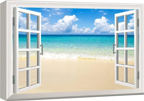 Miniatura 58 de wall26 - Cuadro en lienzo para pared, vista de ventana, atardecer neón, cielo, palmera tropical, playa, naturaleza, desierto, fotografía, realismo