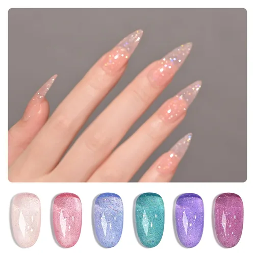 Miniatura 8 de GAOY Juego de esmalte de uñas de gel con brillantina reflectante de 6 colores, incluye colores rosa, plateado, rojo, verde, kit de esmalte de gel