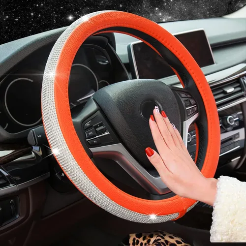 Miniatura 19 de Nueva funda de volante de cuero con diamantes de imitación y cristales brillantes, protector de rueda de auto de 15 pulgadas de ajuste universal