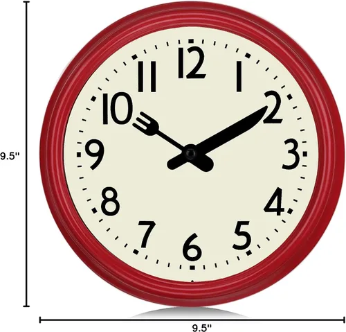 Miniatura 9 de Lafocuse Reloj de pared retro silencioso de cocina con agujas de cuchillo y tenedor, reloj de pared rojo vintage pequeño de 9.5 pulgadas, funciona
