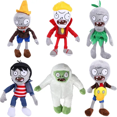 JHESAO Juego de 6 piezas de peluche de plantas y zombis, falda verde de zombies, juguete de cabeza de cono zombi, 1 2 muñecos zombi de pato suave,
