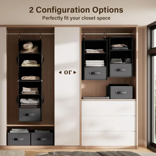 Miniatura 5 de Pipishell Organizador colgante de armario de 6 estantes con 2 estantes separables de 3 niveles, 3 cajones y bolsillos laterales, organizadores