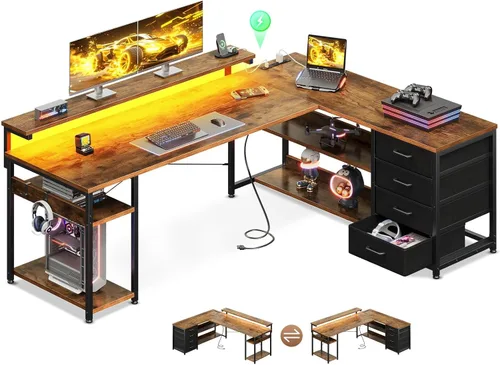 Miniatura 11 de AODK - Escritorio en forma de L de 61" con cajón, escritorio para computadora con tomas de corriente y luces LED, escritorio de esquina reversible