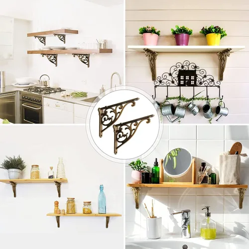 Miniatura 2 de Soportes de estante de 4 pulgadas, paquete de 4 soportes de pared de latón antiguo de alta resistencia, estantes decorativos de cocina victoriana