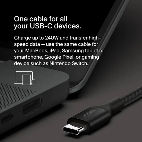 Miniatura 7 de Belkin BoostCharge - Cable USB C a USB C, cable de alimentación de carga rápida con cable de nailon trenzado, cabezal de aluminio anodizado, entrega