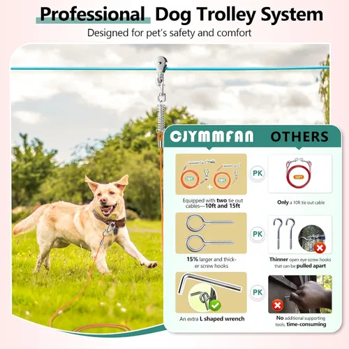 Miniatura 4 de Sistema de Trolley Profesional para Perros Corredores, Línea de Zip Resistente y Ajustable de 30 pies para Perros con Amarres de 10 y 15 pies