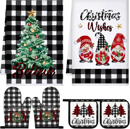 Miniatura 8 de Bencailor Juego de 6 Piezas Toallas de Cocina Navideñas Manoplas de Horno y Soportes para Ollas Tema Navideño Toallas de Platos Guantes de Horno