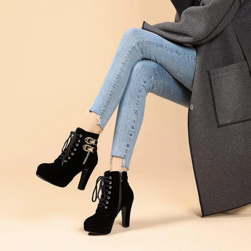 Miniatura 2 de Botines de tacón alto para mujer, otoño, redondo, de agujetas, con tacón grueso y plataforma. Botines Knight Martin.