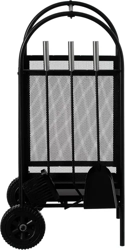 Miniatura 2 de Carrito de leña para patio interior y exterior, con ruedas y juego de herramientas para chimenea, color negro