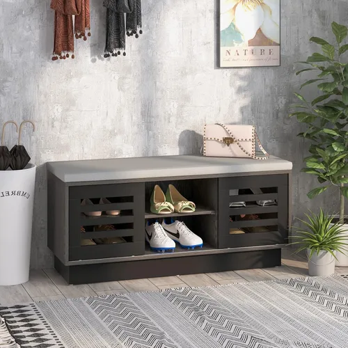Miniatura 10 de Giantex Banco de almacenamiento de zapatos de entrada, zapatero con cojín de asiento y 6 compartimentos de almacenamiento, 2 puertas correderas y 3